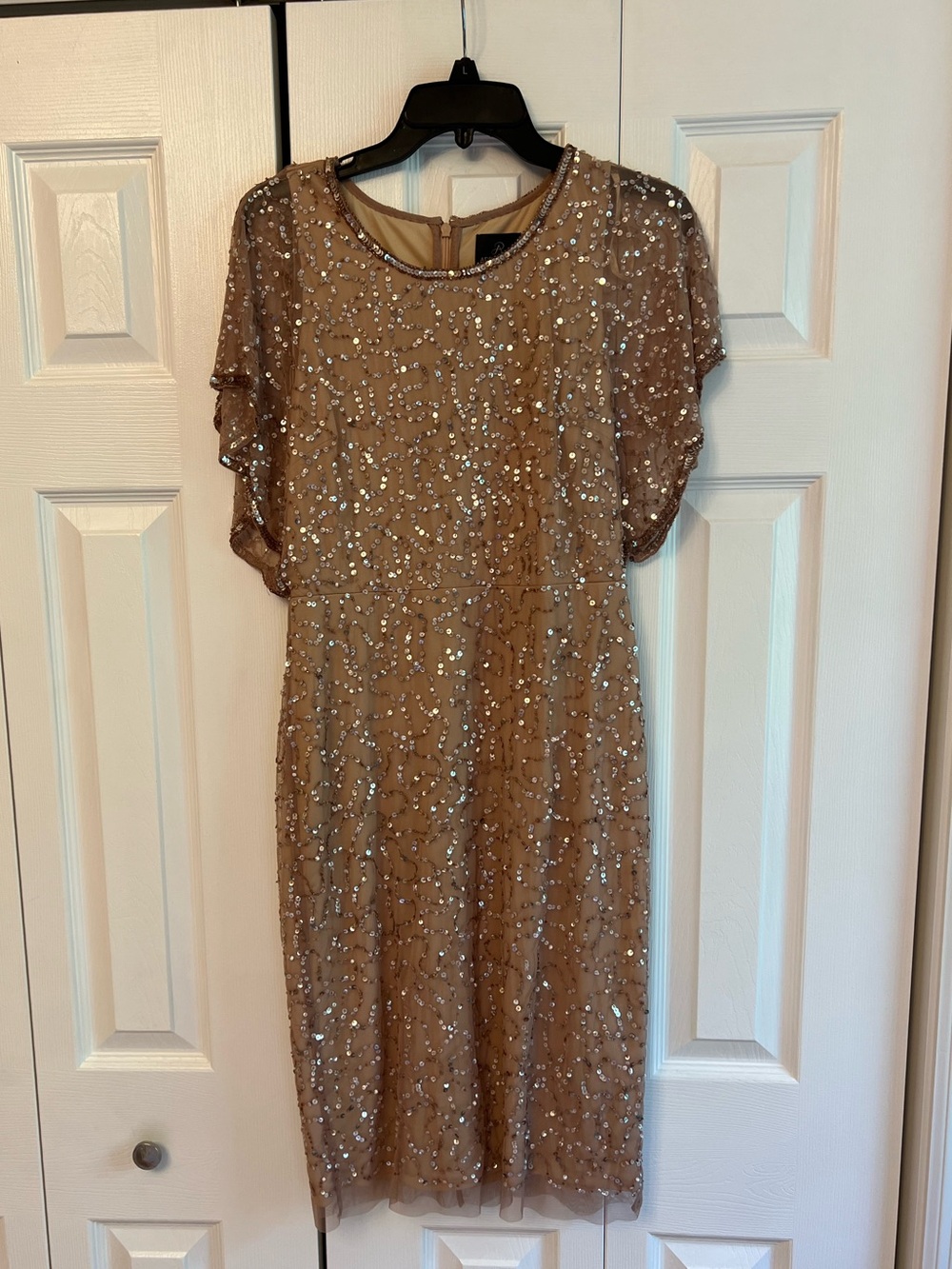 Adrianna Papell Beaded Sheath Dress - Short with Scalloped Flutter Sleeves